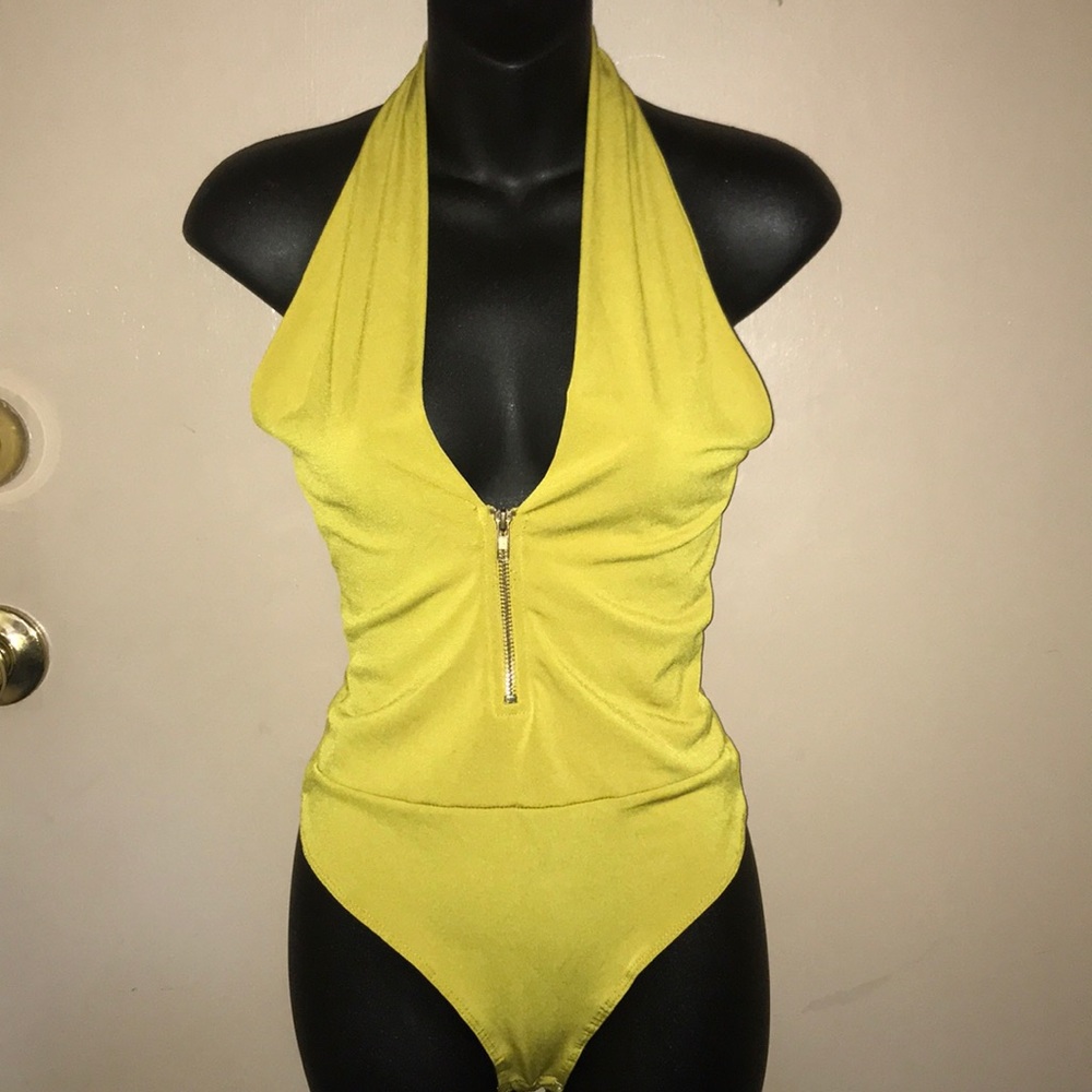 HAUTE MONDE Halter Zipper Plunge Thong Bodysuit - Picture 1 of 8